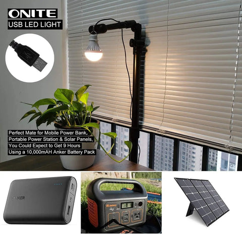 USB LED Light Bulb For Emergency Backup Lighting With USB Power And Solar Charging Outdoor Weatherproof Camping Lantern For Power Outages Works With Power Banks Solar Panels Car Chargers Generators No Batteries Needed shown beside a window and power equipment.
