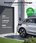 Level 2 Electric Vehicle Charger 32 Amp Adjustable With 25 Foot Cable Nema 14-50P Plug Lcd Display in use with EV