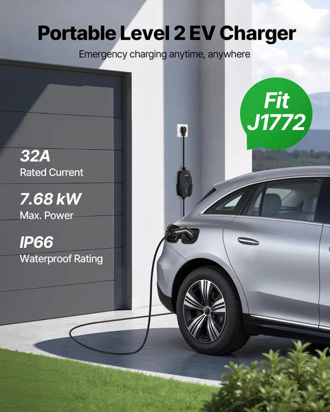 Level 2 Electric Vehicle Charger 32 Amp Adjustable With 25 Foot Cable Nema 14-50P Plug Lcd Display in use with EV