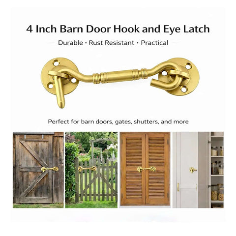 Beefy 4 Inch Satin Brass Hook And Eye Latch Heavy Duty Gate Latch With Antique Style Privacy Lock For Barn Doors Windows Cabinets And Exterior Sheds Durable Solid Iron Construction Built To Last