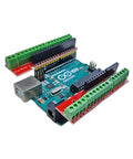 Screw Terminal Block Shield for Easy Solder Free Wire Up on Arduino Uno R3 and R4 Boards, perfect fit for quick prototyping.