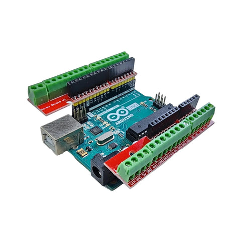 Screw Terminal Block Shield for Easy Solder Free Wire Up on Arduino Uno R3 and R4 Boards, perfect fit for quick prototyping.