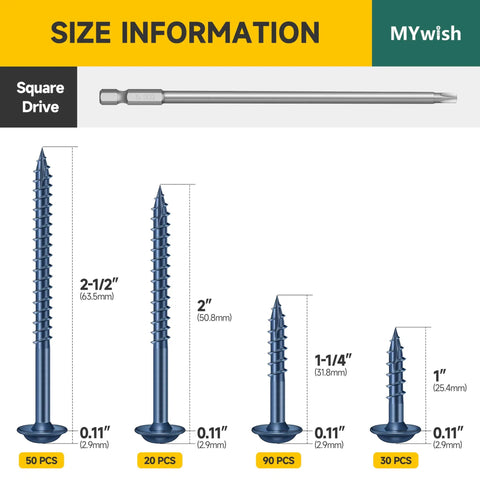 DIY Friendly Pocket Hole Screws Kit 190 Pieces Size Eight Wood Screws Assortment With 1 Inch 1.25 Inch 2 Inch 2.5 Inch Self Tapping