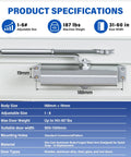 Heavy Duty Automatic Door Closer For Home And Office, silver hydraulic soft close, dimensions and specifications listed