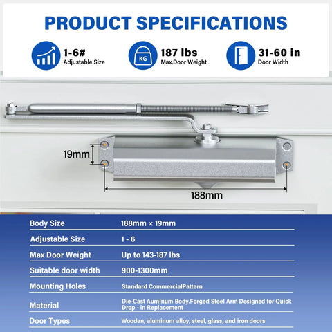 Heavy Duty Automatic Door Closer For Home And Office, silver hydraulic soft close, dimensions and specifications listed