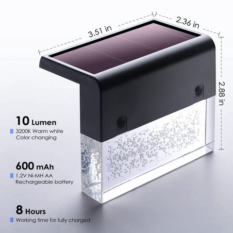 Solar Deck Lights 3000K Warm White Color Changing Outdoor Fence Lights with dimensions and battery details shown