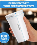 Person holding a single 12 oz insulated foam cup from 100 pack, with dimensions displayed.