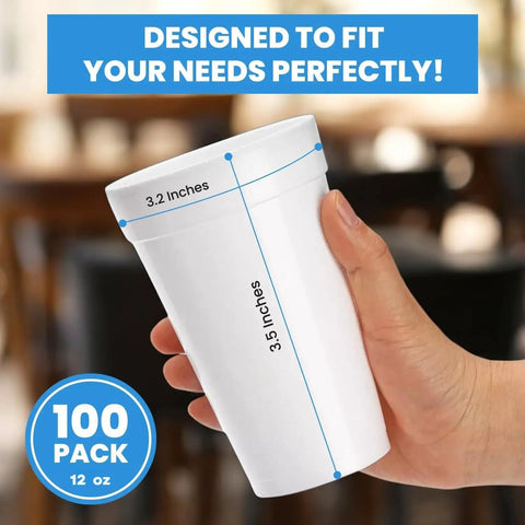 Person holding a single 12 oz insulated foam cup from 100 pack, with dimensions displayed.