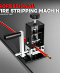 Job Site Ready 2 In 1 Manual Wire Stripper Machine No Sweat Insulation Remover, close-up of stripping red wire, compact design.