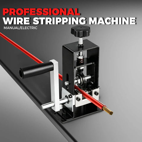 Job Site Ready 2 In 1 Manual Wire Stripper Machine No Sweat Insulation Remover, close-up of stripping red wire, compact design.