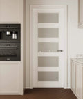 30 By 80 Inch Slab Door, Five Lite Tempered Frosted Glass Interior Door With MDF Core And Water Resistant PVC Surface, installed