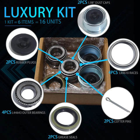 Two Sets Boat Trailer Axle Bearing Kit For 1 Inch 2000-2200 Lb Axles With L44643 L44610 Bearings, 12192TB Grease Seals, 1.98 Inch Dust Covers