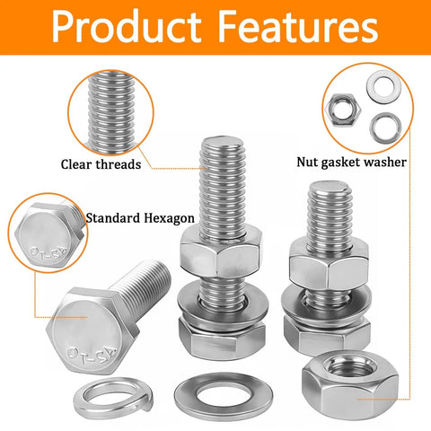 Heavy Duty 248Pcs Metric Bolt Set In 304 Stainless Steel M6 M8 M10 Nuts And Bolts Kit with washers and hex head screws layout