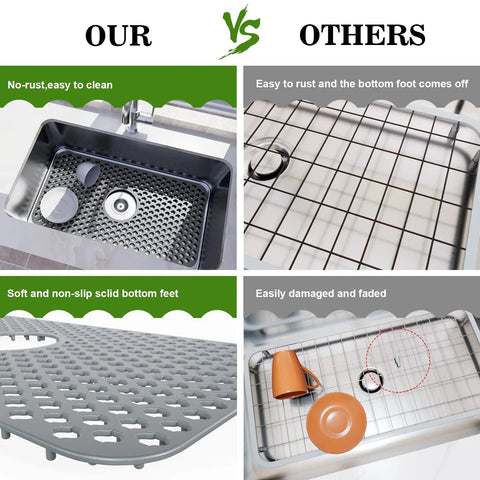 Comparison of silicone kitchen sink mat with non-slip design and stable farmhouse sink protector for stainless steel drainboard.