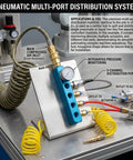 Two Way Five Port Pneumatic Manifold With G1 Quarter Ports for High Flow Air Distribution, mounted on metal surface with connectors