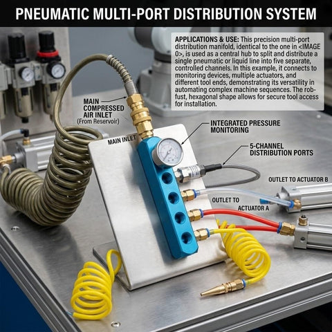 Two Way Five Port Pneumatic Manifold With G1 Quarter Ports for High Flow Air Distribution, mounted on metal surface with connectors