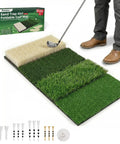 4 In 1 Foldable Heavy Duty Golf Hitting Mat With Sand And Tee Turf, Anti Slip Backing For Realistic Swing, Chip And Putting Practice, All In One Golf Practice Mat With Tees visible with golfer using club.