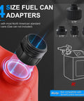 Four size fuel can adapters shown with dimensions alongside Battery Powered Fuel Transfer Pump With Auto Stop Sensor 3.2 GPM 51 Inch Hose Four Tank Adapters Portable Gas Can Pump For Gasoline And Diesel Red No Fuss Effortless No Spill Pouring