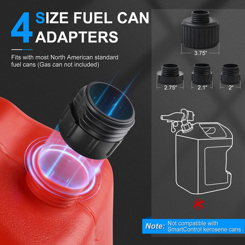 Four size fuel can adapters shown with dimensions alongside Battery Powered Fuel Transfer Pump With Auto Stop Sensor 3.2 GPM 51 Inch Hose Four Tank Adapters Portable Gas Can Pump For Gasoline And Diesel Red No Fuss Effortless No Spill Pouring