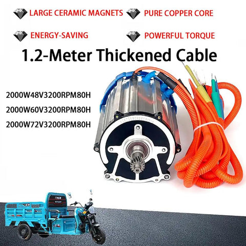 Beefy 3200 RPM 2000W Brushless DC Electric Tricycle Motor With Pure Copper Core And Aluminum Shell Dual Voltage 48V 60V 72V Low Noise Trike Drive For DIY Electric Tricycles And Quadricycles, 1.2m cable