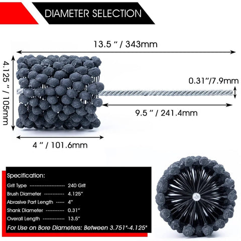 Engine Cylinder Hone Tool 4 1/8 Inch With 240 Grit Ball Brush showing dimensions and specifications for engine rebuilding.