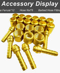 Brass 24-piece torch hose repair kit for 1/4 inch ID oxygen/acetylene hoses; includes ferrules, nuts, and outlet nipples