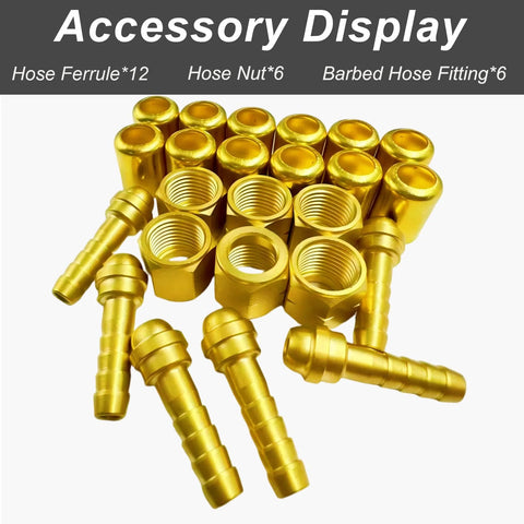 Brass 24-piece torch hose repair kit for 1/4 inch ID oxygen/acetylene hoses; includes ferrules, nuts, and outlet nipples