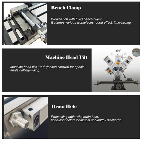 Precision Benchtop Drill And Mill Machine Featuring R8 Spindle Taper And 1.5HP Brushless Motor showing bench clamp and machine head tilt.