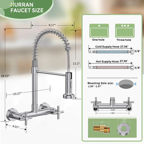 Rock Solid Wall Mount Kitchen Faucet With Smooth Dual Handles And No Fuss Two Function Spray For Laundry Or Commercial Sinks Built Tough From Lead Free Brushed Nickel Stainless Steel dimensions and plumbing details