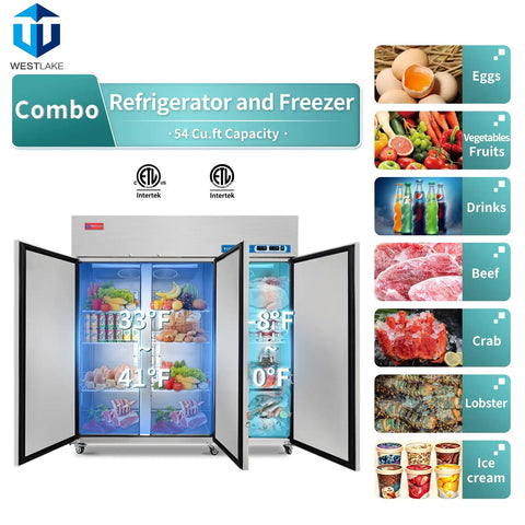 Heavy Duty 72 Inch Wide Commercial Refrigerator And Freezer Combo Reach In Triple Door showing food storage with adjustable shelves.