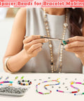 Woman crafting with 350 pcs silver spacer beads for jewelry making, shown with colorful bracelets and mixed metal beads.