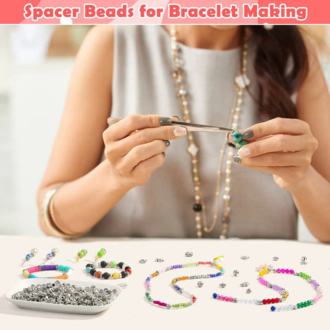 Woman crafting with 350 pcs silver spacer beads for jewelry making, shown with colorful bracelets and mixed metal beads.