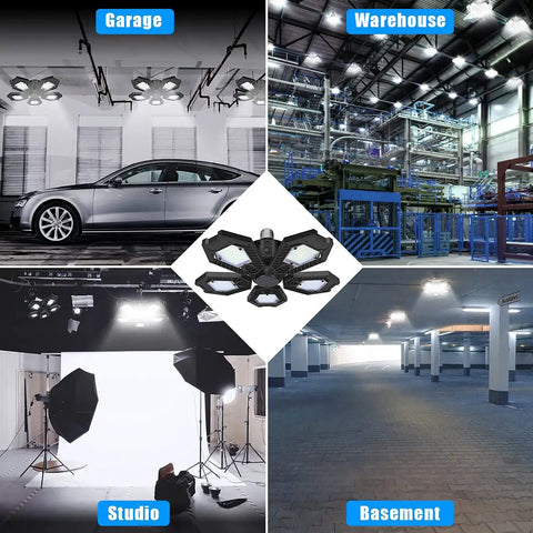 2 Pack Motion Sensor Garage Light 150W 15000LM LED Ceiling Fixture with 5 Adjustable Panels in various settings