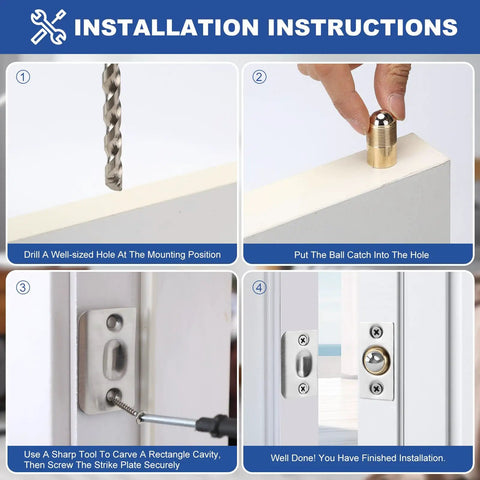 Installation instructions for Heavy Duty Ball Catch Latch Set For Top Of Doors And Closets with all metal construction and rust proof mechanism.