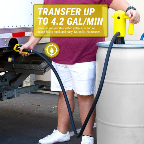 Built Tough Electric Def Drum Pump Designed For Smooth Sailing Up To 4.2 Gpm Plug And Play 12V Power Fits 15 55 Gallon Barrels With Slick Telescopic Suction Tube Included in use, transferring fluid from a barrel.