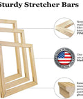 Sturdy pine wood stretcher bars for canvas, made in USA, with features highlighted
