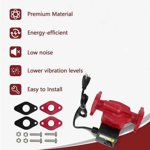 Heavy Duty Hot Water Circulator Pump With Three Adjustable Speeds For Residential Boilers And Plumbing Systems, red pump with accessories.