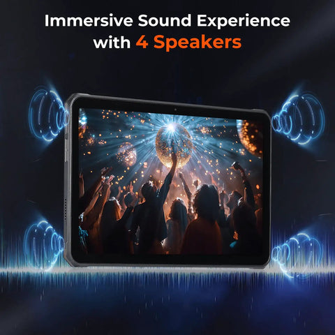Badass Rugged Android 14 Tablet Built Different For UTV Adrenaline Rides And Gritty Job Sites Featuring Unmatched Screen Clarity And Bulletproof Drop Resistant Armor with immersive sound and 4 speakers.