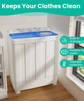 No Sweat Twin Tub Portable Washing Machine With 28 Pounds Capacity Featuring Eighteen Pound Wash Bowl And Ten Pound Spin Cylinder Compact Top Load setup, showing blue top and controls.