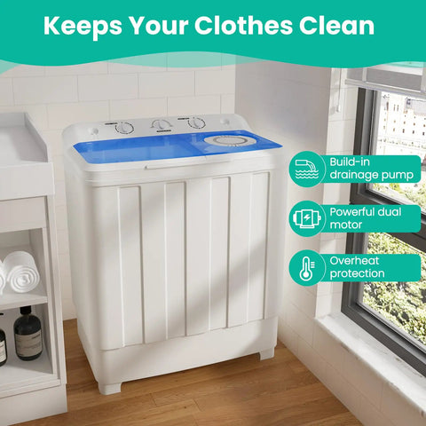 No Sweat Twin Tub Portable Washing Machine With 28 Pounds Capacity Featuring Eighteen Pound Wash Bowl And Ten Pound Spin Cylinder Compact Top Load setup, showing blue top and controls.