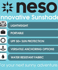 Infographic for Grande Portable Beach Tent Sun Shelter with 81 Sq Ft Shade and UPF 50 Plus protection highlighting features.