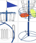 Portable Disc Golf Basket Target With 12 Chains, blue steel base, ground stakes, discs in basket, multiple angles view