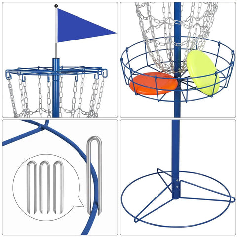 Portable Disc Golf Basket Target With 12 Chains, blue steel base, ground stakes, discs in basket, multiple angles view