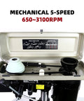10 Inch Drill Press With 6.2 Amp Induction Motor Three Quarter Horsepower Benchtop Drill Press Five Speed LED Work Light Two Inch Spindle Travel One Half Inch Keyed Chuck 120 Volt Thirty Inch Total Height Perfect For Quick Light Duty Projects shown open with mechanical 5-speed range.