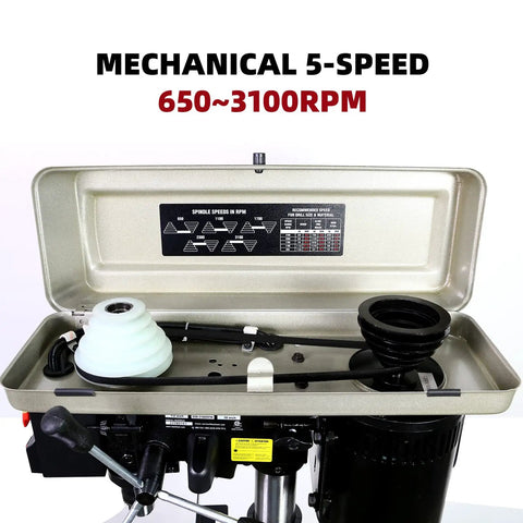 10 Inch Drill Press With 6.2 Amp Induction Motor Three Quarter Horsepower Benchtop Drill Press Five Speed LED Work Light Two Inch Spindle Travel One Half Inch Keyed Chuck 120 Volt Thirty Inch Total Height Perfect For Quick Light Duty Projects shown open with mechanical 5-speed range.