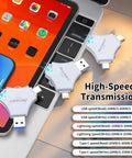 3 In 1 USB Flash Drive For iPhone iPad, 256GB, MFi Certified, Lightning USB C USB A Multi Function Memory Stick, Metal Durable Silver, Fast Transfer And Safe Data Storage. Three 256GB silver USB flash drives connected to iPhone, iPad, and laptop.