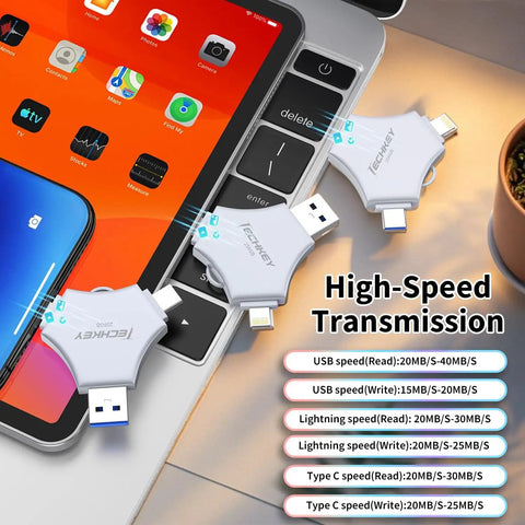 3 In 1 USB Flash Drive For iPhone iPad, 256GB, MFi Certified, Lightning USB C USB A Multi Function Memory Stick, Metal Durable Silver, Fast Transfer And Safe Data Storage. Three 256GB silver USB flash drives connected to iPhone, iPad, and laptop.