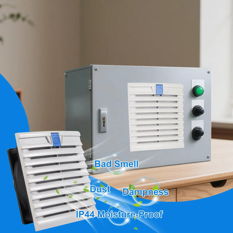 150X150Mm Cabinet Ventilator Kit With 120X25Mm Cooling Fan And Variable Speed Control in a gray cabinet with ventilation grill.