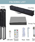 Packing list for 8 By 5 Foot Pop Up Grill Gazebo With Double Tier Standing Height Canopy Magnetic LED Light Adjustable Ceiling Height No Tool Needed Setup In Minutes For Barbecues Picnics And Outdoor Events Gray including frame, canopy top, carry bag, USB cable, remote control, rope, stake, and magnetic LED light.