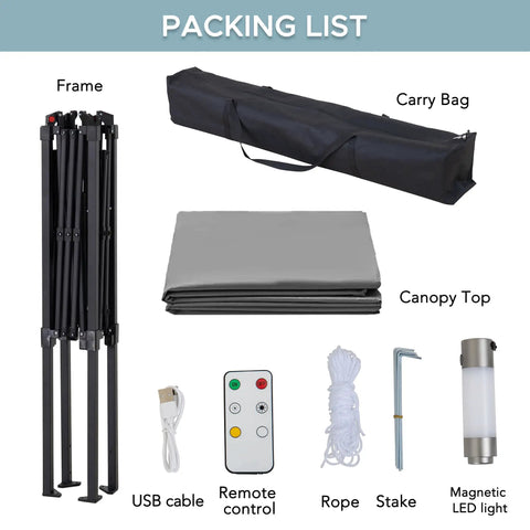 Packing list for 8 By 5 Foot Pop Up Grill Gazebo With Double Tier Standing Height Canopy Magnetic LED Light Adjustable Ceiling Height No Tool Needed Setup In Minutes For Barbecues Picnics And Outdoor Events Gray including frame, canopy top, carry bag, USB cable, remote control, rope, stake, and magnetic LED light.
